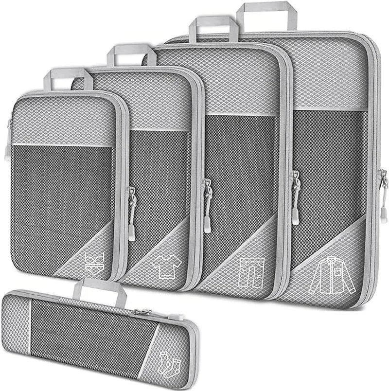 Cubes d'emballage compressés de voyage, 5 pièces, ensemble d'organisateurs de rangement avec sac à chaussures, bagages visuels en maille, valise légère et Portable