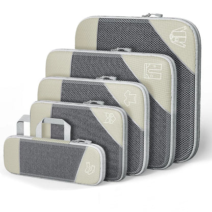 Cubes d'emballage compressés de voyage, 5 pièces, ensemble d'organisateurs de rangement avec sac à chaussures, bagages visuels en maille, valise légère et Portable