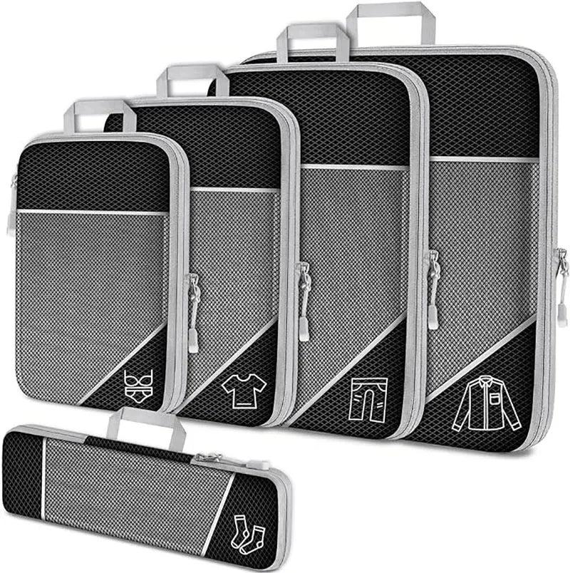 Cubes d'emballage compressés de voyage, 5 pièces, ensemble d'organisateurs de rangement avec sac à chaussures, bagages visuels en maille, valise légère et Portable