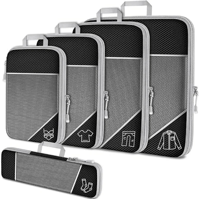 Cubes d'emballage compressés de voyage, 5 pièces, ensemble d'organisateurs de rangement avec sac à chaussures, bagages visuels en maille, valise légère et Portable