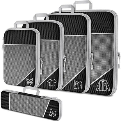 Cubes d'emballage compressés de voyage, 5 pièces, ensemble d'organisateurs de rangement avec sac à chaussures, bagages visuels en maille, valise légère et Portable