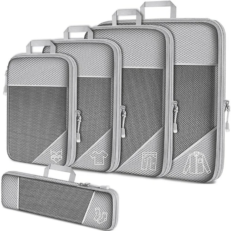 Cubes d'emballage compressés de voyage, 5 pièces, ensemble d'organisateurs de rangement avec sac à chaussures, bagages visuels en maille, valise légère et Portable